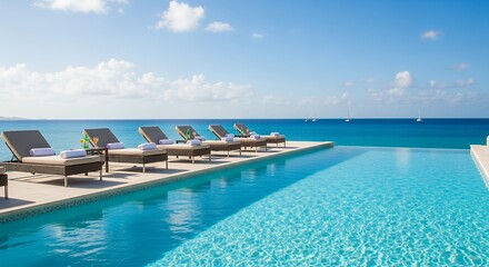 An inviting infinity pool shimmers under a bright, clear sky, overlooking a vast, tranquil blue ocean dotted with distant sailing vessels. A pristine row of comfortable sun loungers, adorned with roll