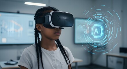 Girl exploring virtual reality with AI technology in modern classroom, experiencing immersive learning and future tech advancements with VR headset