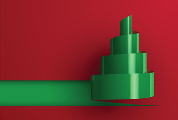 Vector Christmas ribbon spiral tree on red background. Minimalist stylized paper holiday decorative design element with copy space.