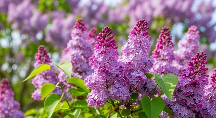 Close-up of vibrant purple flowers in full bloom, showcasing delicate petals and fresh green leaves under bright natural light. The softly blurred background highlights the serene beauty and freshness