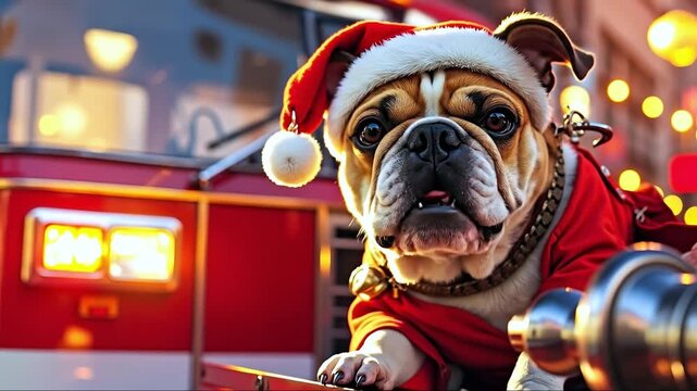 A bulldog wearing a santa hat sitting on top of a fire truck