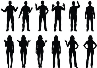 Male and female silhouette poses, gesture collection, body language icons, black vector people set, standing figures, communication, pointing, waving, design reference
