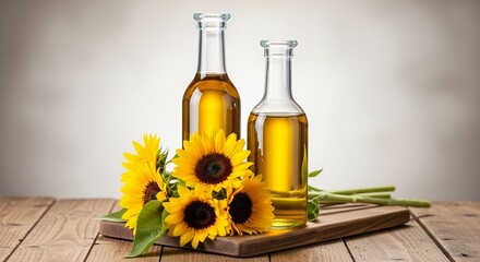 This bright and inviting image showcases two elegant clear glass bottles filled with golden liquid, prominently displayed on a warm, rustic wooden surface. A beautiful arrangement of fresh, vibrant su
