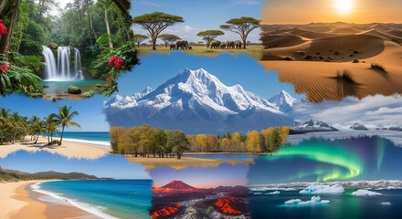 This dynamic and visually rich collage presents a stunning array of diverse natural landscapes from across the globe, celebrating the Earth's breathtaking variety. Featured scenes include a lush tropi