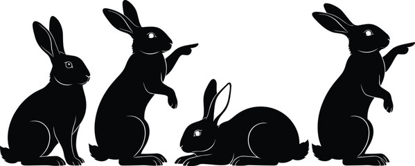Rabbit silhouette vector illustration, black bunny poses collection, pointing gesture animal clipart, crouching hare icon set, wildlife graphic design element