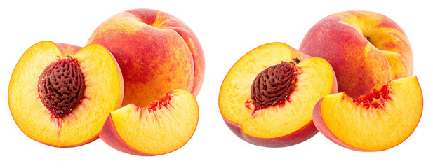 Fresh Ripe Peach with Half Slice Showing Juicy Flesh and Seed