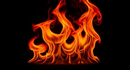 This vibrant, abstract image captures the dynamic beauty of glowing flames against a deep black background. Fiery hues of orange, red, and yellow dance and intertwine, creating fluid, organic shapes t