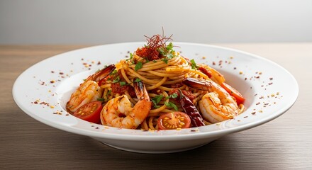 This vibrant and appetizing dish features a generous serving of al dente pasta, likely spaghetti, tossed in a rich, reddish tomato-based sauce, creating an inviting culinary presentation. Succulent, p