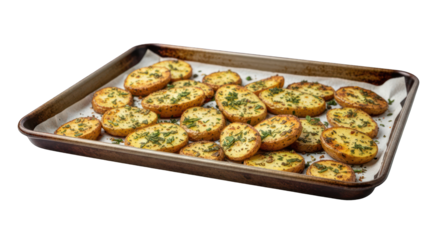 Numerous golden-brown roasted potato halves, sprinkled with herbs on a lined baking sheet