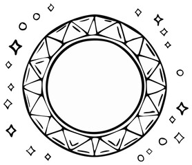 Hand drawn doodle of a sparkling faceted circular frame with stars and gems