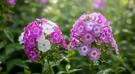Two exquisite clusters of vibrant magenta and white garden flowers, adorned with glistening water droplets, stand proudly against a softly blurred natural green background. Gentle sunlight filters thr