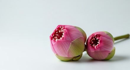 Two exquisite, unopened flower buds are elegantly displayed against a pristine, bright white background, creating a minimalist and serene visual. The vibrant pink outer petals are gracefully wrapped, 