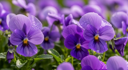 Vibrant purple flowers, likely violas, shimmer with water droplets. Delicate violet petals unfurl under soft light against a blurred green backdrop. This serene floral image evokes natural beauty, per