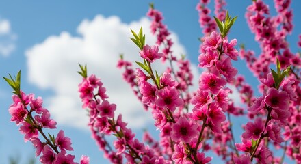 Vibrant pink blossoms burst forth on tree branches, capturing the quintessential essence of spring under a clear blue sky dotted with soft white clouds. This picturesque natural scene evokes feelings 