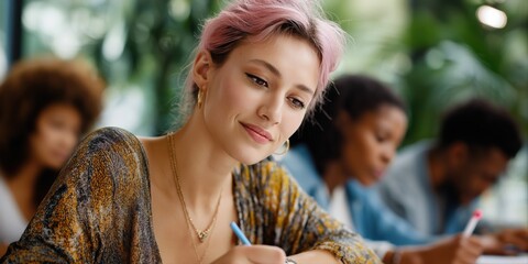 Young caucasian female student writing in classroom with peers