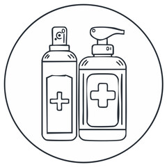 Icon Style Image of Sanitizer Spray and Dispenser with Medical Symbol