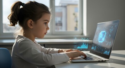 Young girl explores AI on laptop in bright modern room, envisioning the future of technology and learning with digital innovation and early education