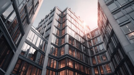 Modern office building features expansive glass facade capturing natural light in urban environment