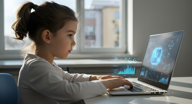Young girl explores AI on laptop in bright modern room, envisioning the future of technology and learning with digital innovation and early education