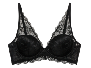Padded black bra with delicate lace detailing, scalloped edges, and floral patterns