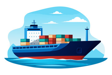 Vector illustration of a container ship silhouette sailing across calm blue sea water, symbolizing global trade, logistics, transportation, and maritime industrial commerce