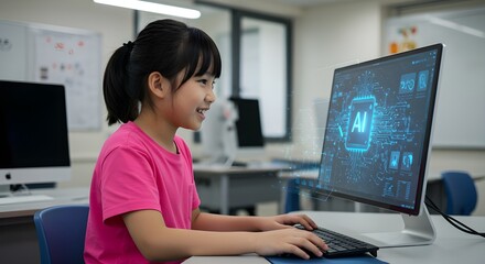 Excited young student explores AI on a modern computer in a classroom setting, learning new technologies and developing skills for the future