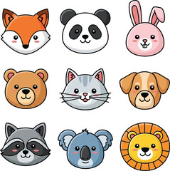 Cute Cartoon Animal Faces Collection Featuring Fox Panda Rabbit Bear Cat Dog Raccoon Koala and Lion