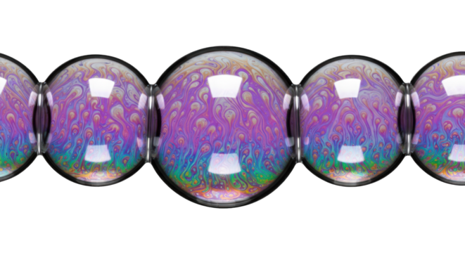 Row of connected iridescent bubbles showcasing swirling rainbow colors against black