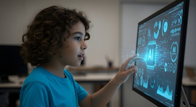 Young boy exploring AI technology on a digital screen, sparking curiosity and learning in the future of education and innovation with modern interface