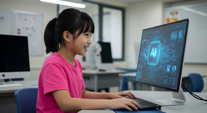 Excited young student explores AI on a modern computer in a classroom setting, learning new technologies and developing skills for the future