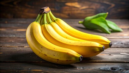 Fresh yellow bananas on rustic wooden table with green leaves.