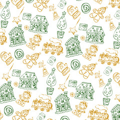 Pattern con icone natalizie dorate e verdi isolate. Sfondo con alberi, casette, gingerbread, stelle, uccellini, trenino, guanto, dolciumi