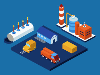 Obraz premium Isometric industrial complex with factory buildings and vehicles