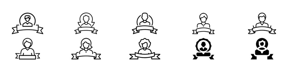 User Profile Badge Line Icons Vector Set – Ribbon, Medal, Certification, VIP, User profile with banner label icon set — flat outline vector symbols for identification, membership, personal branding
