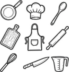 Hand- Drawn Outline Icons of Kitchen Utensils and Chef Apparel cooking