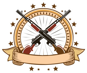 Naklejka premium Emblem featuring crossed vintage submachine guns, retro circle frame, stars and blank ribbon banner illustration