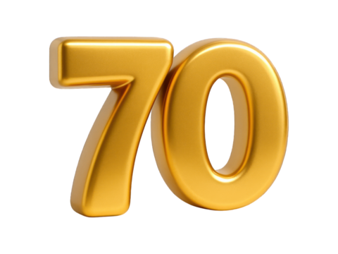 Reflective, metallic gold, three-dimensional numeral 70 on a dark backdrop
