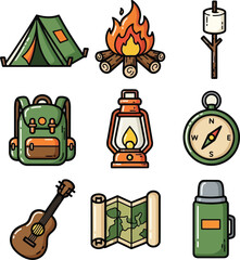 Outdoor Camping Adventure Gear Icons Featuring Tent Campfire Marshmallow Backpack Lantern Compass Guitar Map and Thermos