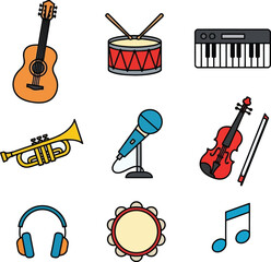 Musical instruments and audio equipment icons including guitar drum keyboard trumpet microphone Keywords: guitar drum keyboard trumpet microphone violin bow headphones tambourine musical note