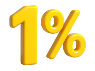 Shiny yellow 3D '1%' symbol, rendered with glossy finish against a black background