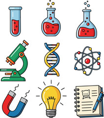 Set of science and education icons with DNA microscope test tubes and lightbulb Keywords: DNA microscope test tube flask beaker atom science experiment laboratory research discovery idea