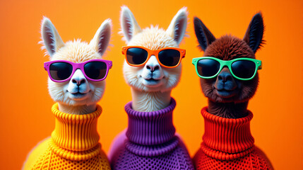 Funny Alpacas with Sunglasses on Orange Background