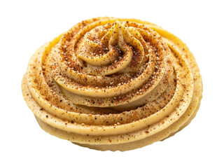 Fototapeta premium Top-down view of a swirled, tan, creamy dessert dollop with dark spice flecks