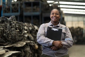 Warehouse auto spare parts. African American female warehouse worker working in warehouse auto spare parts, using clipboard check goods management on shelves in workplace