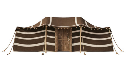 Traditional striped brown and white fabric tent with rustic wooden door