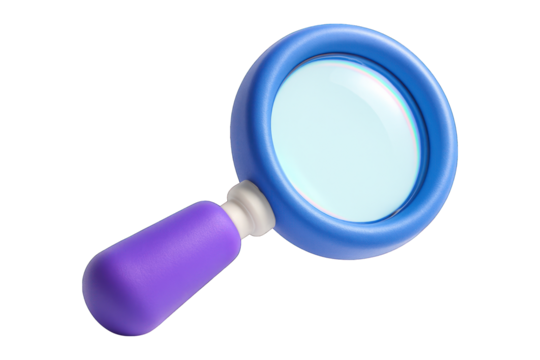 Vibrant blue-rimmed 3D magnifying glass with a purple handle. Glossy texture