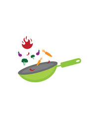 Vector pan with a vegetables logo design concept illustration idea, vegetables fried cooking logo,  restaurant logo of vegetables flying out of frying pan