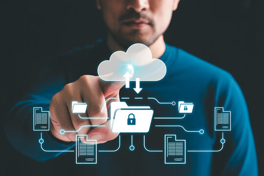 Cloud data security man touching cloud icon for secure file sharing and storage online service system