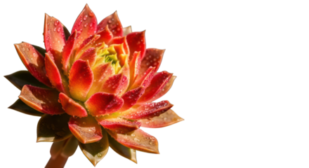 Vibrant succulent plant with red-orange leaves and water droplets against a dark background