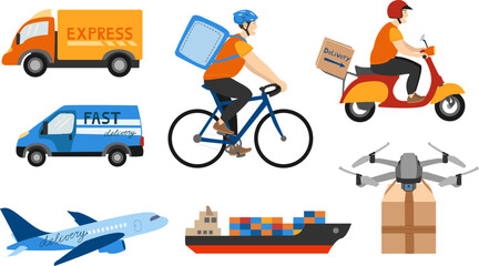 Delivery transport set with courier, van, truck, airplane, cargo ship and drone with parcel. For apps, logistics banners, service flyers and web use
